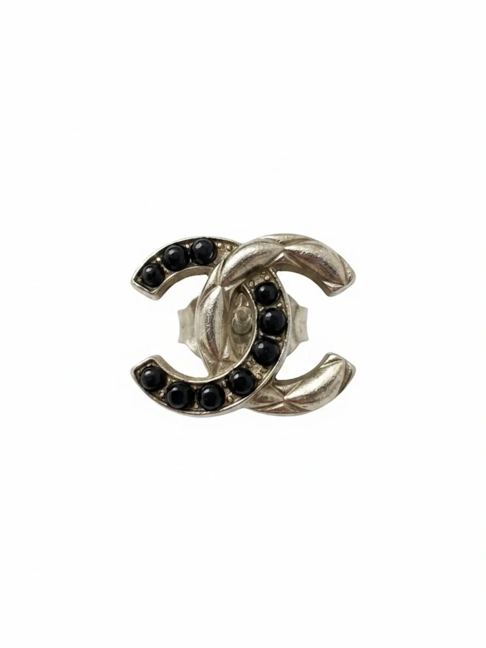 Silver-Tone Black Upcycled CC Button Crystal Logo